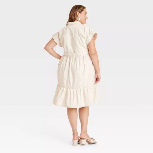 NEW Ava & Viv Women's Short Sleeve Denim Tiered Midi A-Line Dress Off-White - Picture 2 of 3